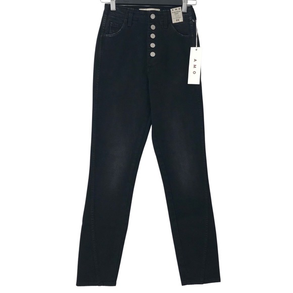 New! AMO Anthropologie Slim Dock High Rise Straight Button Fly Ankle Black Jeans - Picture 8 of 15